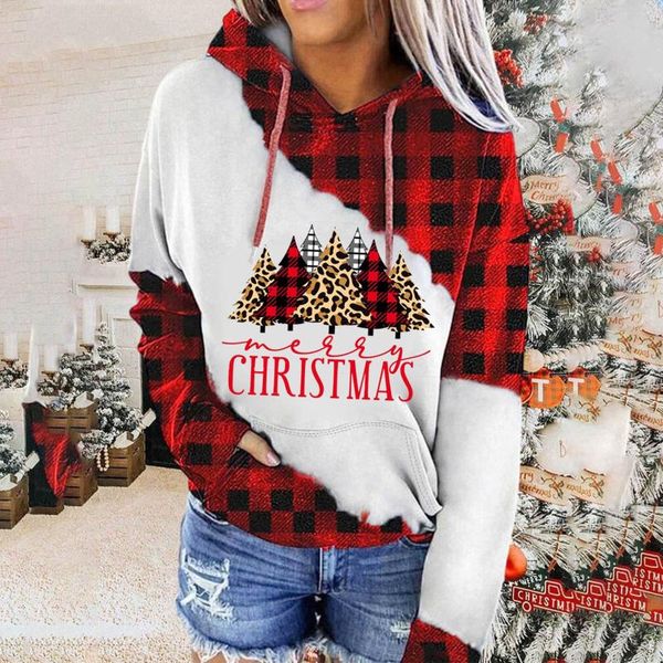 

women's hoodies & sweatshirts christmas womens colorblock plaid printed long sleeve hooded pullovers autumn winter casual sweatshirt su, Black