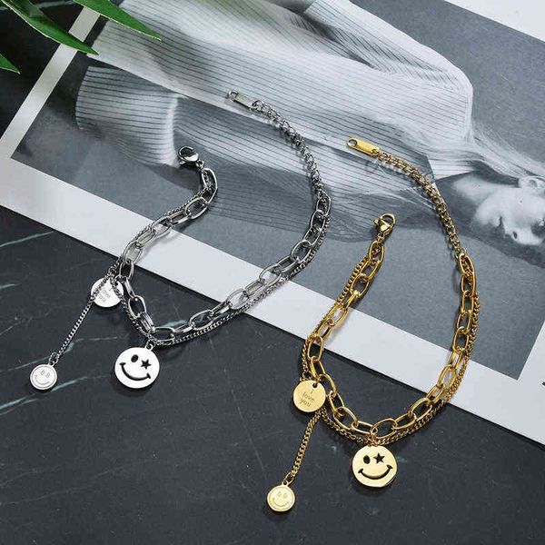 

i love you stainless steel letter smiley face pendant bracelet for ladies girl creative women jewelry gift accessorie, Golden;silver