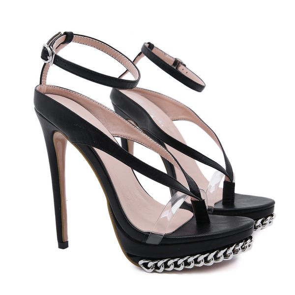 

dress shoes big size 34-42 femme thong woman heels ladies chain platform high heel sandals women party femmes ur4t, Black