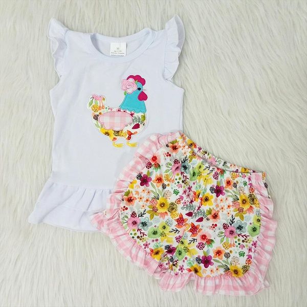 

wholesale retail baby girls summer outfits chicken t shirt flower shorts 2 pcs sets girl pattern set with embroidery, White