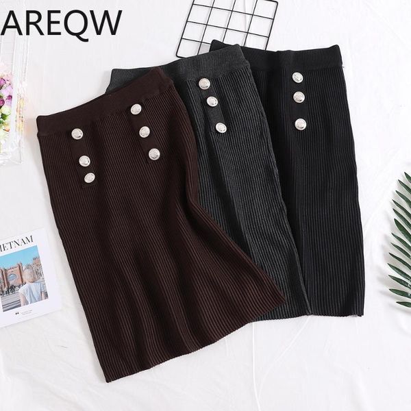 

skirts women's retro double breasted half-length skirt female 2021 knitting knee length bottom clothes girl black grey brown
