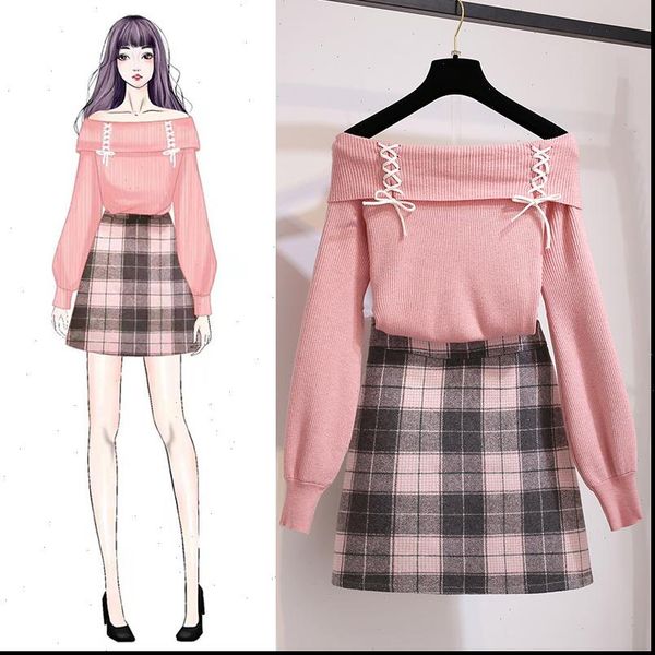 

2021 fashion suit female autumn winter fashion tie sweater wool half length skirt two pieces sets womens clothing tracksuits, Gray