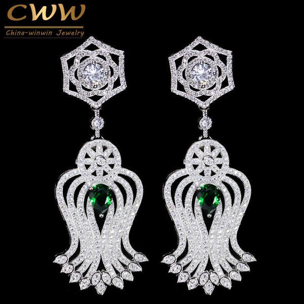 

vintage women costume jewelry micro pave cubic zirconia long drop earring with green blue crystal cz070 210714, Silver