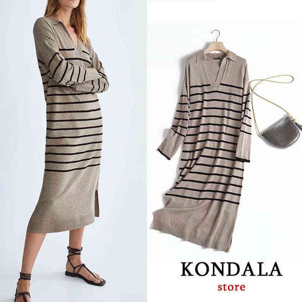 Kondala ZA 2021 Офис Леди вязаный свитер платье женщины с длинным рукавом V шеи винтажные полосатые повседневные женские платья мода осень G1214