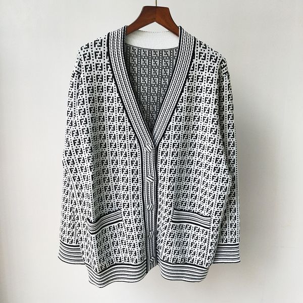 

70% off 21 fall new dotted letter jacquard v-neck single breasted cardigan for women, White;black