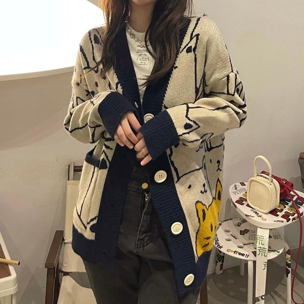 

women's knits & tees preppy style women autumn winter cartoon v neck cardigan sweater coat female outwear long sleeve knitted (c8383, White