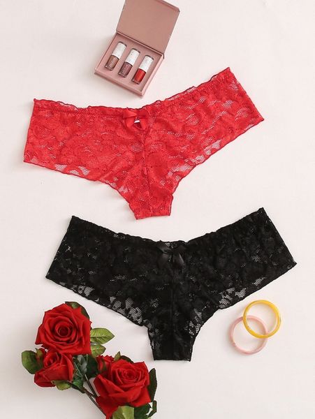 

2pack plus bow decor lace panty f5mv#, Black;white