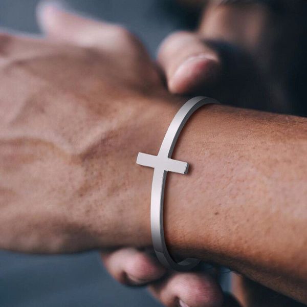 

silverly cross cuff bracelet stainless steel sidways cross bracelet open cuff bangle for men jewelry, White