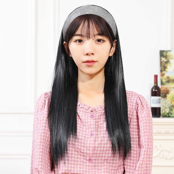 

long headband half head straight hair wig set, Black