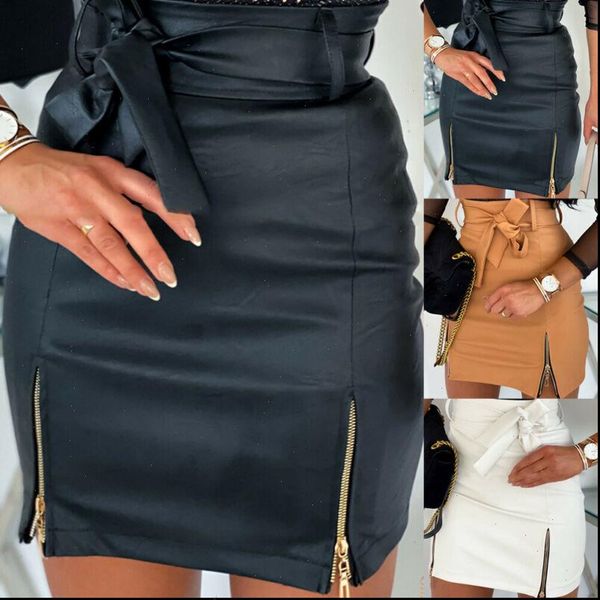 

fashion women skirt skinny pencil bow casual pu leather pencil bodycon high waist mini skirt short solid color skirt, Black