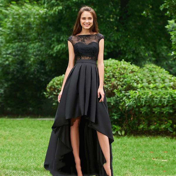

black cocktail dresses high low lace prom dress cap sleeves party gowns illusion neckline robe de soirÃ©e de mariage vestidos2022