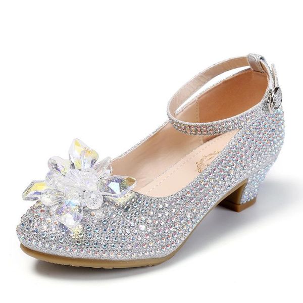 

flat shoes girls rhinestone high heels party flower children sliver sequins diamonds kids mary jane crystal dress 6t to 14t, Black;grey