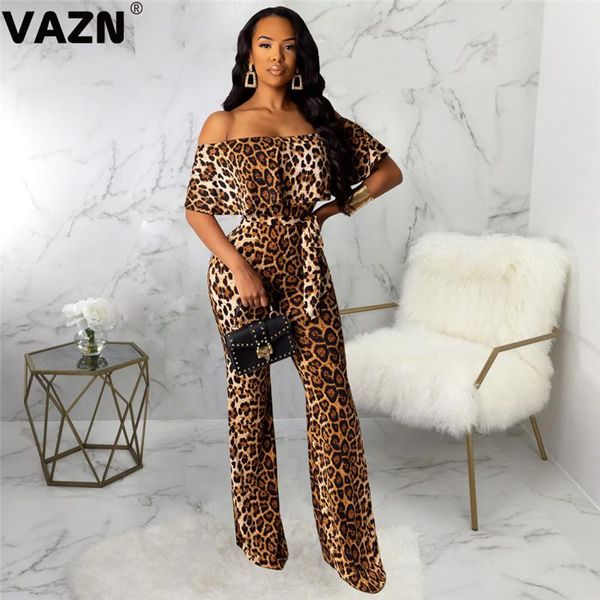 

women's jumpsuits & rompers vazn product 2021 spring lady 3 colors leopard long jumpsuit short sleeve slash neck streetwear, Black;white