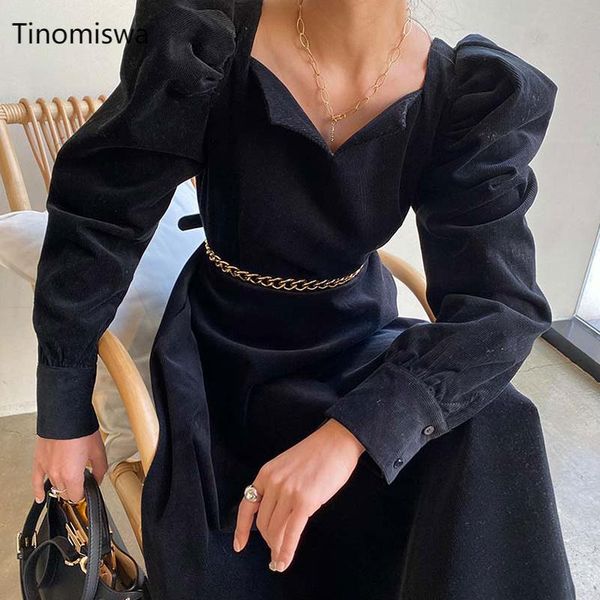 

women dress korean chic v neck lantern sleeve chain lace up slim waist female dresses retro corduory a line lady vestidos a083, Black;gray