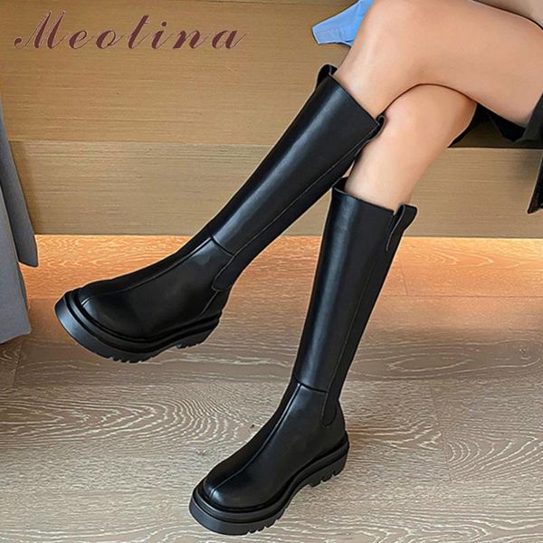 

boots meotina women fashion genuine leather thick high heel ladies zipper round toe knee autumn winter black 43