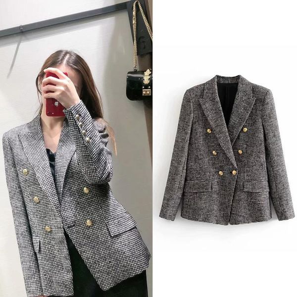 

women's wool & blends vintage stylish double breasted tweed blazer coat women 2021 fashion long sleeve office wear female outerwear, Black