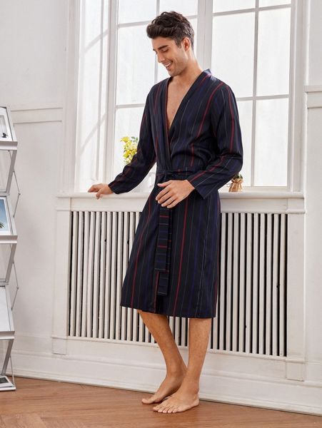 

men colorful striped belted robe c6qh#, Black;brown