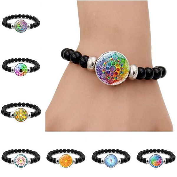 

beaded, strands sanskrit om symbol beads strand bracelet for women men jewelry flower of life mandala art glass snap button bracelets, Black