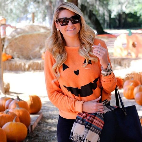 

halloween sweatshirt pumpkin emoji party long sleeve women, Black