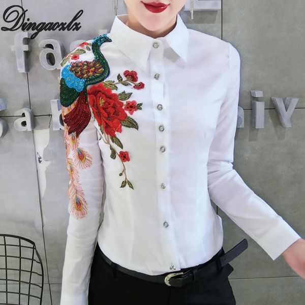 Dingaozlz Elegante bestickte Tops, Umlegekragen, weißes OL-Shirt, schlanke neue Mode, Damen-Chiffon-Bluse, Rot/Blau/Gelb, 210225