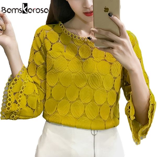 

white lace blouse women shirt summer korean style flare sleeve o-neck hollow out casual ladies lace blusa feminina 210308