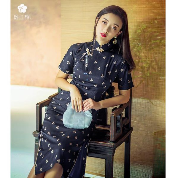 

ethnic clothing yihongyan south * chenqiu qipao improved dress quarter sleeve medium length satin jacquard, Red