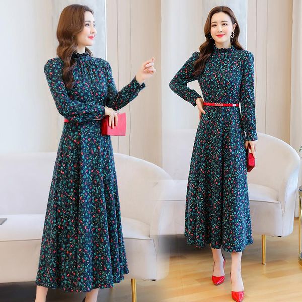 

casual dresses women dress autumn 2022 office lady korea style knitting full sleeve floral print turtleneck stand neck, Black;gray