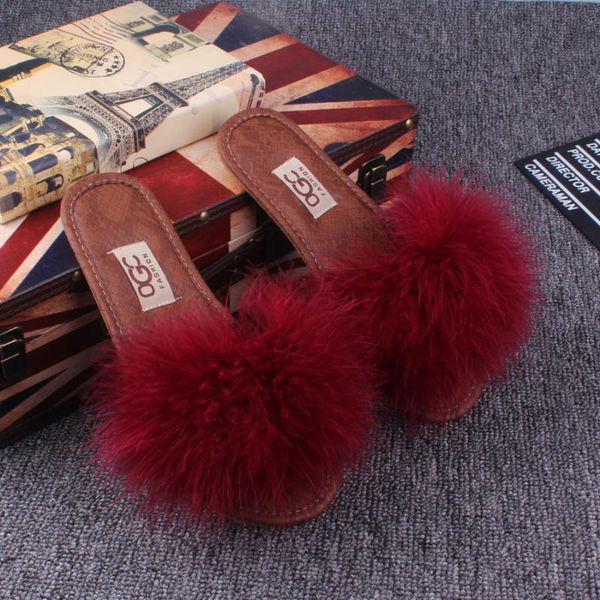 

slippers 2021 natural leather sole fashion winter open toe women indoor fur warm wool soft plush lady, Black