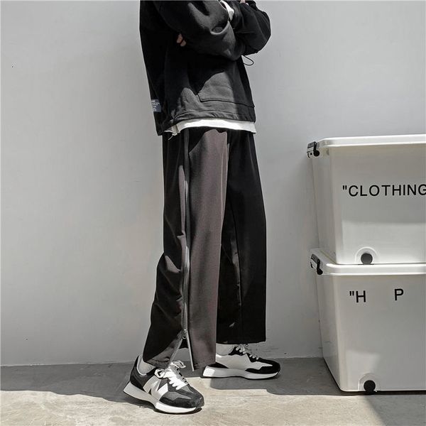 

2021 new men's fashion loose straight zipper decorate casual pants cotton elastic waist black color trousers plus size m-3xl o5zt