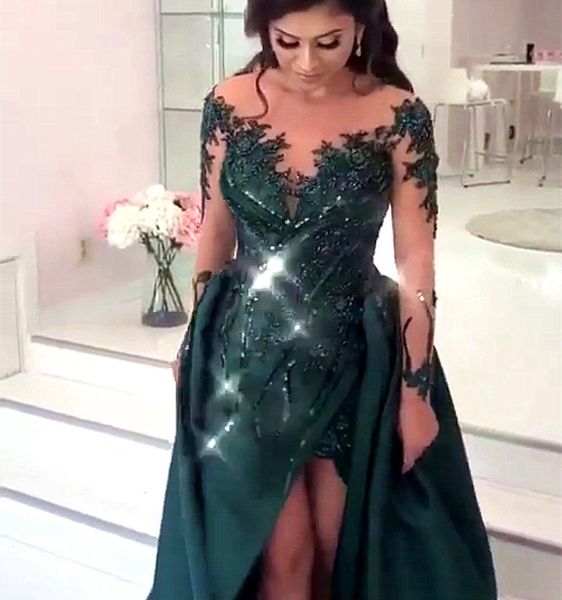 

2021 new green satin formal evening long sleeves prom es vestido de festa with appliques beads sheer neck p19a, Black;red