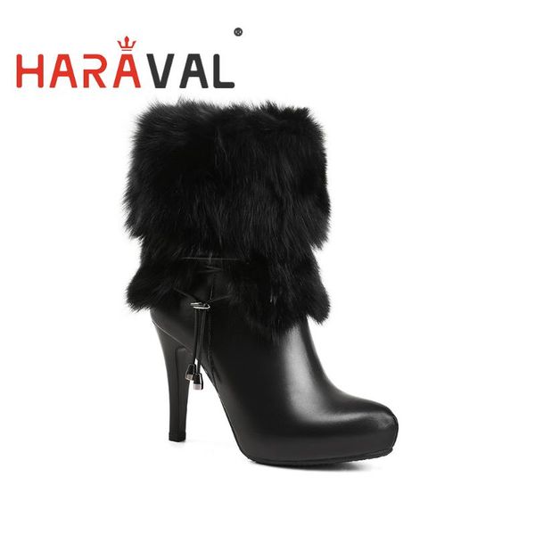 

boots haraval ankle genuine leather high thin heel pointed toe black white patchwork short plush winter basic shoee273l