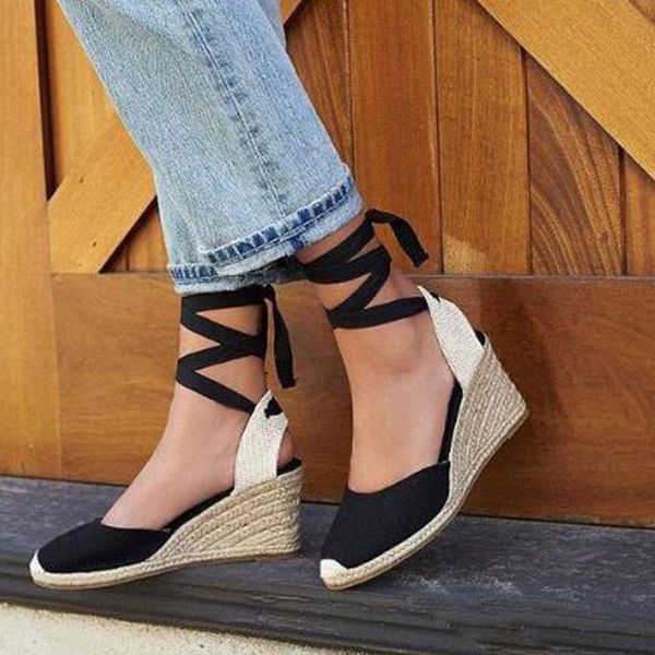 

dress shoes women summer cross-tied solid black open toe sandals 2021 fashion platform high heels wedge ankle bowtie 35~43