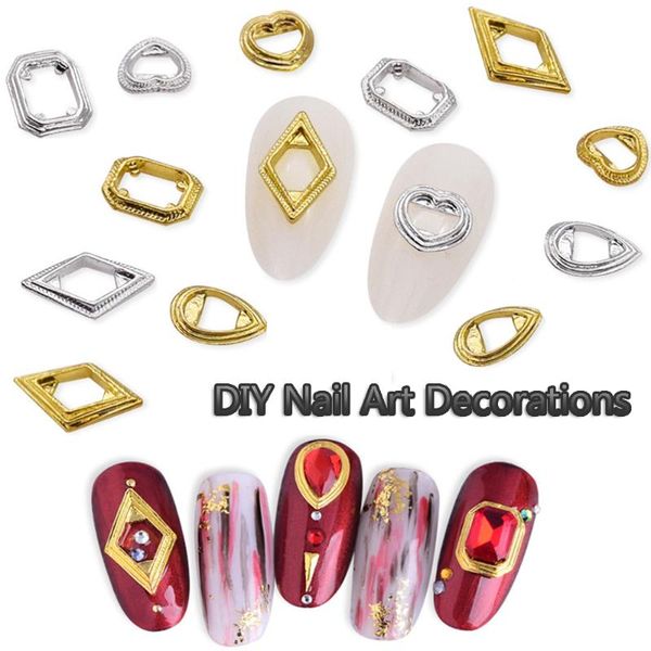 

nail art decorations 10pcs hollow geometry metal frame 3d alloy rhinestone jewelry gem manicure design accessories, Silver;gold