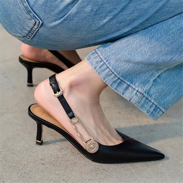 

sandals 2021 brand women pumps ladies elegent buckle slingback high heels dress shoes thin heel pointed toe, Black