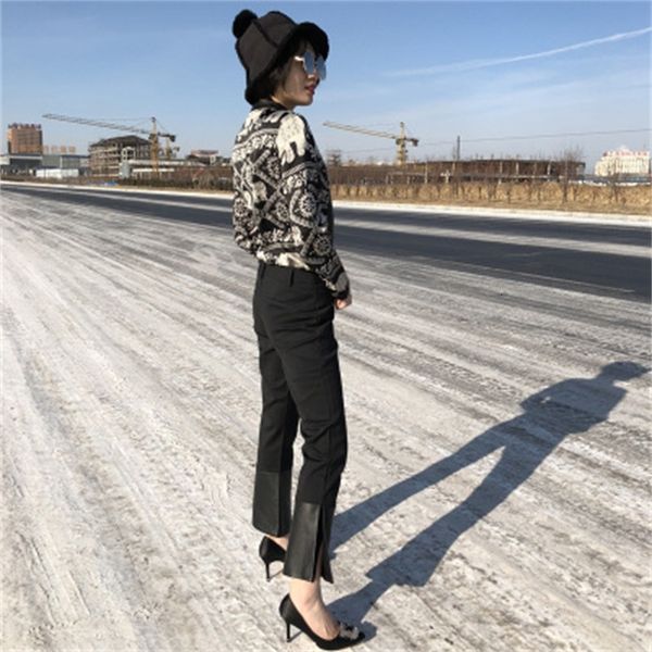 

2021 new female fashion genuine sheep leather pants c17 3l76, Black;white