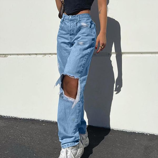 

button high waist pocket elastic womens jeans hole trousers loose denim pants classic wide leg harajuku, Blue
