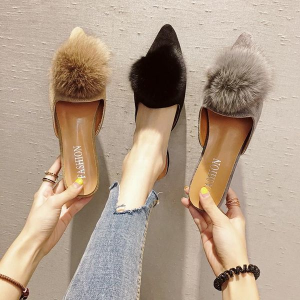 

women's shoes slippers. 2021 new hair ball pointed toe slippers in summer and autumn, Black