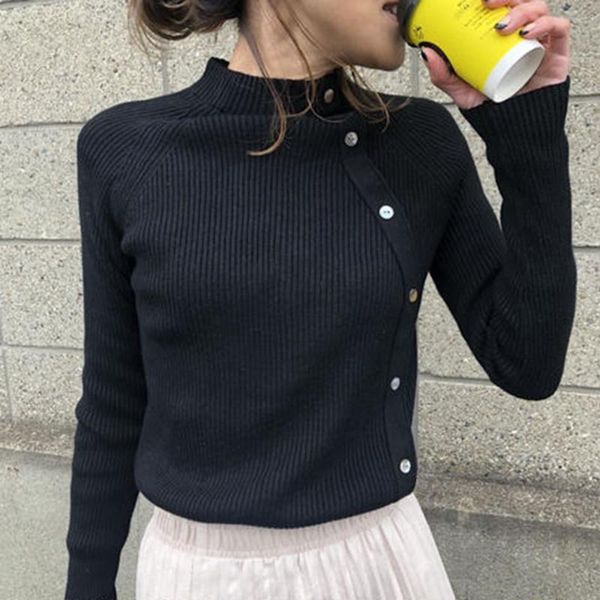 

women's sweaters 2021 casual long sleeve autumn knitted sweater women pullover korean style winter slim black button pull knitwear, White;black