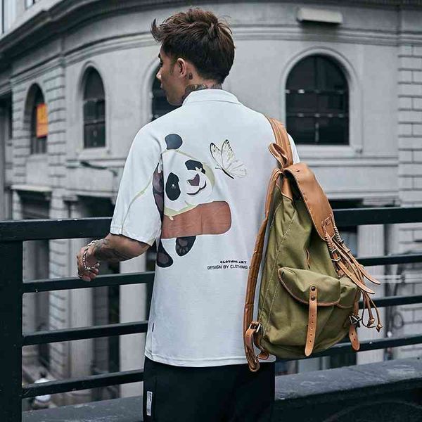 

lupin summer animal panda printed short sleeve polo shirt men's loose fashion off shoulder lapel national fashion t-shirt, White;black