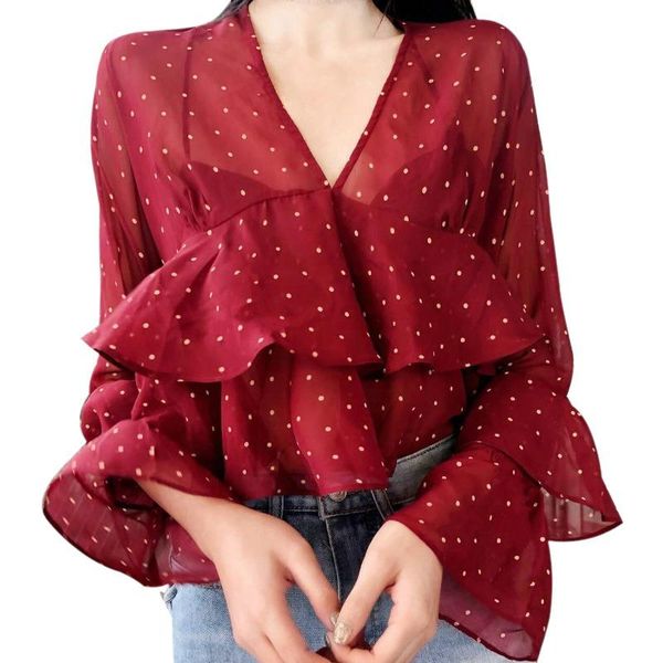 

women's blouses & shirts korean summer blouse woman spring v-neck ruffles perspective blusas dot print long sleeve womens and harajuku, White