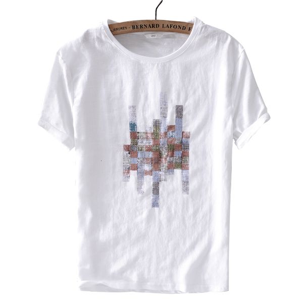 

2021 brand new linen and cotton stitching white t shirt solid casual o-neck t-shirt mens fashion tshirt men chemise camiseta 3arg