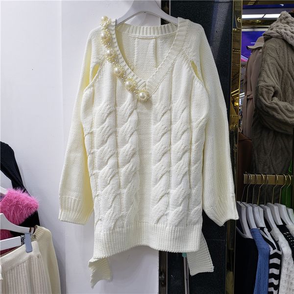 

2021 autumn women's fashion big frizzy pearl knitted female pullovers take off in long sleeve down sweater lady jumpers 6gvj, White;black