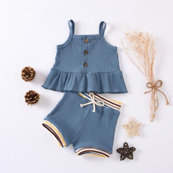 

40# child clothing baby girls solid color sling suspender skirt t-shirts + striped shorts suit outfits set ropa niÃ±a, White