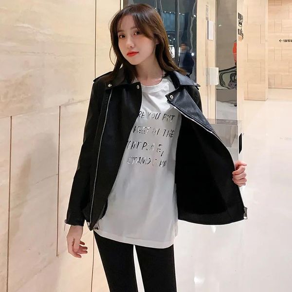 

women's leather & faux washed 2021 female jacket spring autumn women loose thin fashion casual plus velvet thick c130, Black