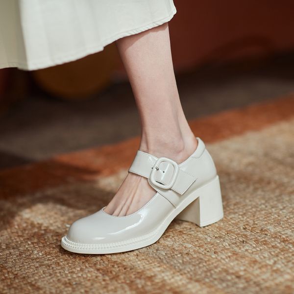 

2021 Spring New Black White High Heels Shoes Women Pumps Fashion Genuine Leather Platform Shoes Woman Round Toe Mary Jane Shoes