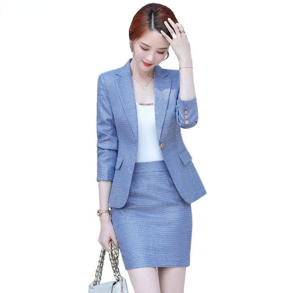 Zwei Stück Kleid 2021 Elegante Rock Anzüge Frauen Damen Formale Rosa Aprikose Blau Grün Langarm Plaid Blazer Set Anzug