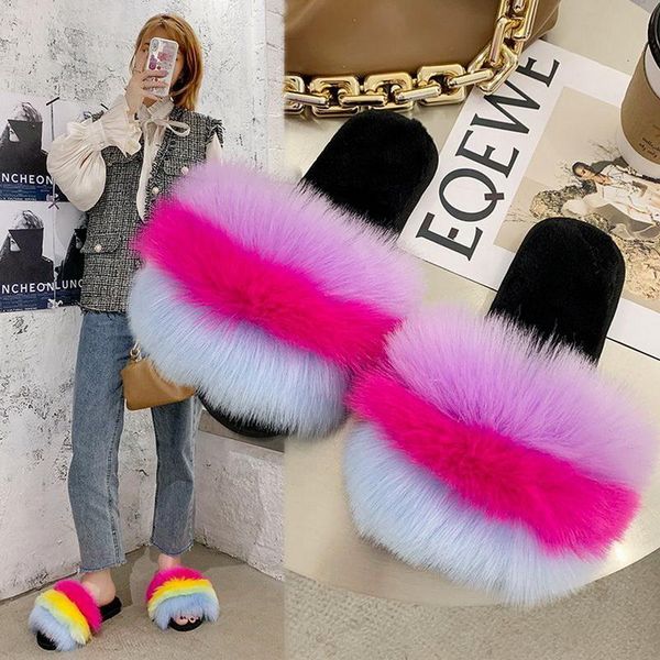 

slippers fur slides for women furry sandals woman female indoor shoes fluffy plush with flip flops size 36-41, Black