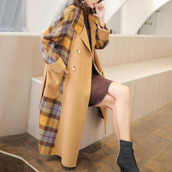 

women's two piece pants cashmere coat double-sided mid-length 2021 winter korean style loose plaid over-knee stitching woolen, White