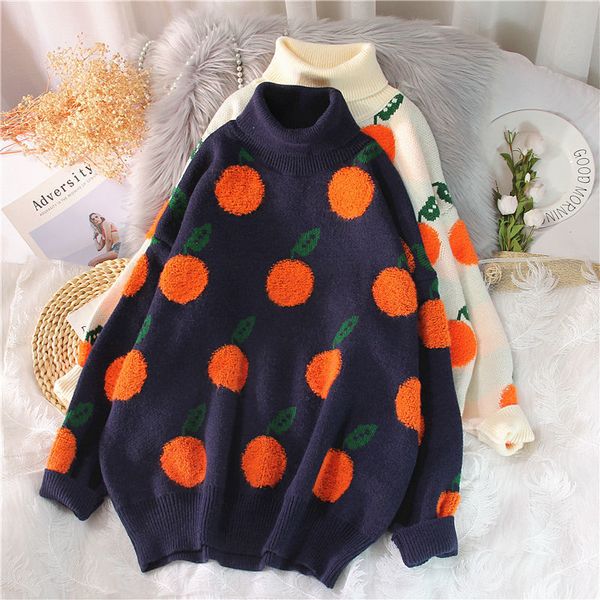 

2021 autumn winter cherry sweaters standard pullover long sleeve female tall knitted collar jumpers woman's sweater uolj, White;black