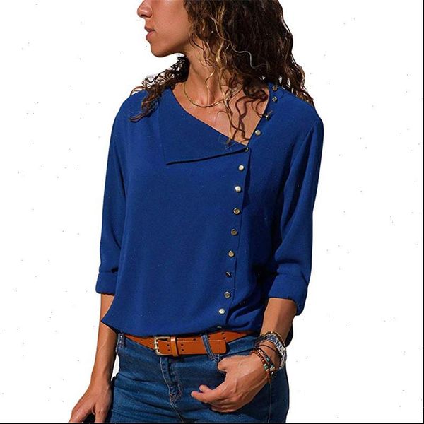 

punk style spring autumn women chiffon blouse long sleeve button irregular blouse plus size loose women solid color blusa, White